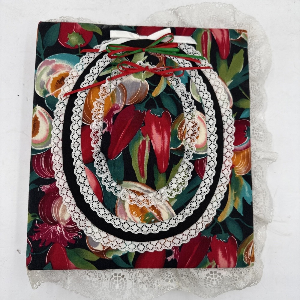 Vintage Handmade Fabric Photo Album Scrapbook Lace Cottagecore 80s Chili Peppers